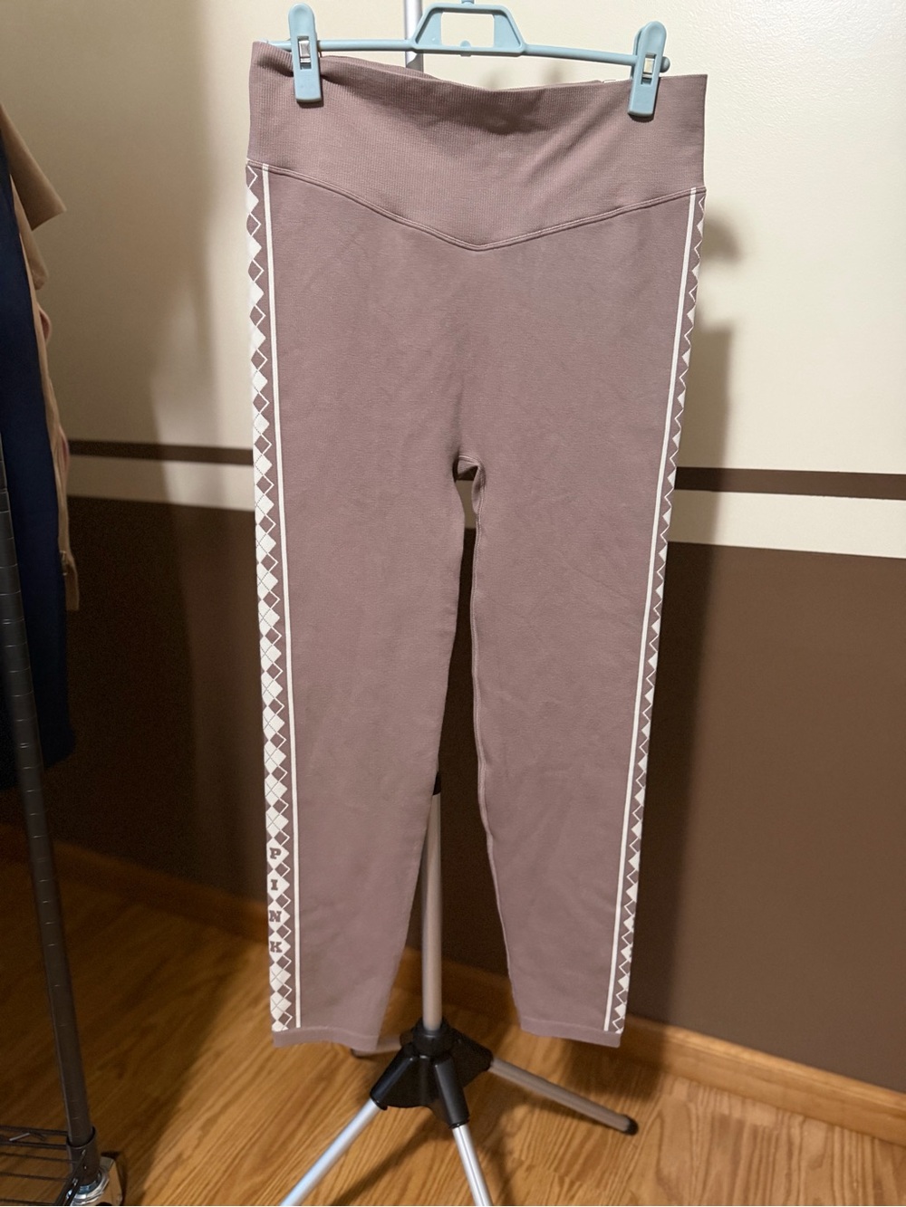PINK Victoria's Secret Mauve Winter Leggings with White Diamond Side Stripes